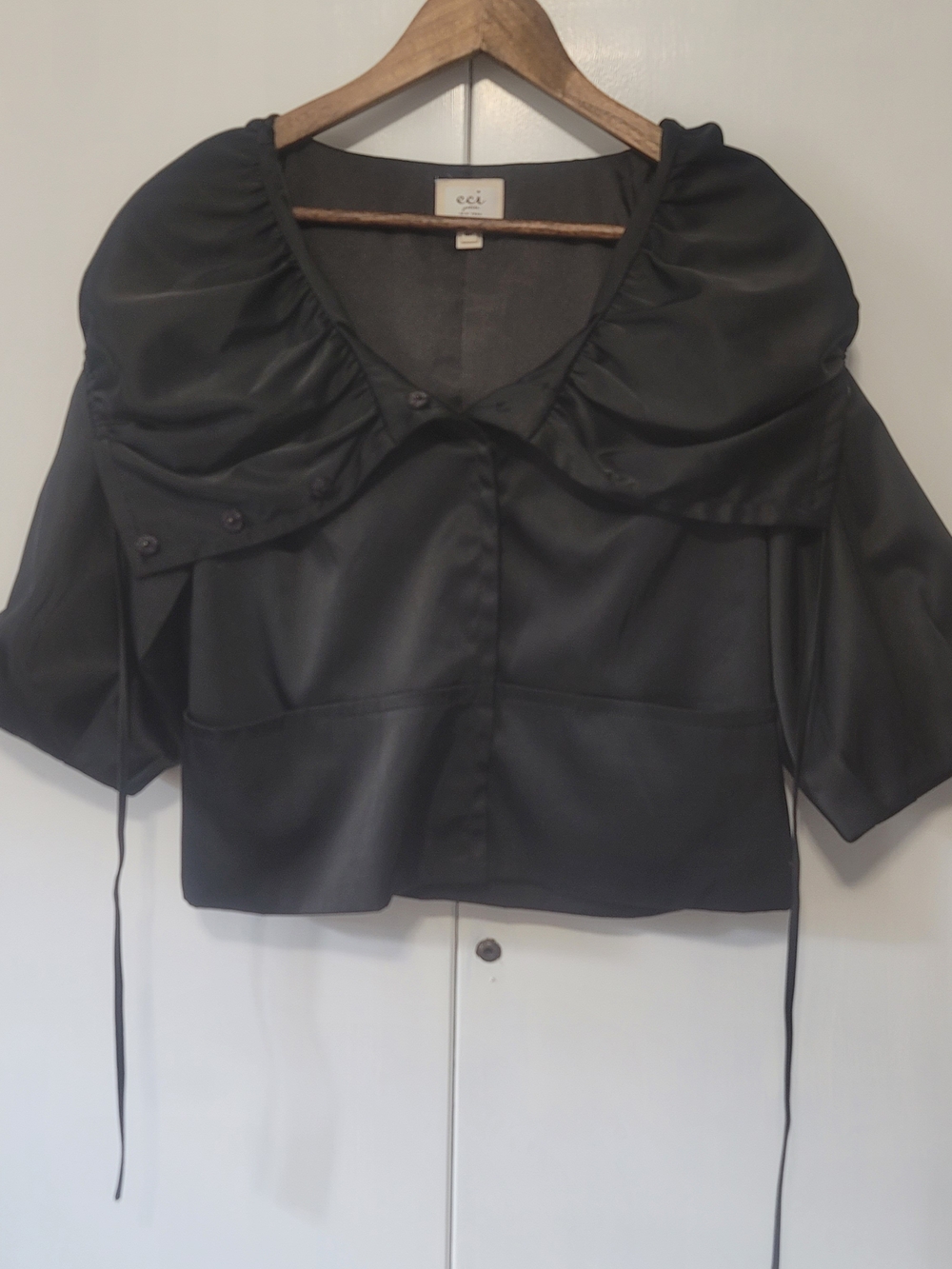 ECI Black Satin Ruffle-Collar Cropped Button Jacket